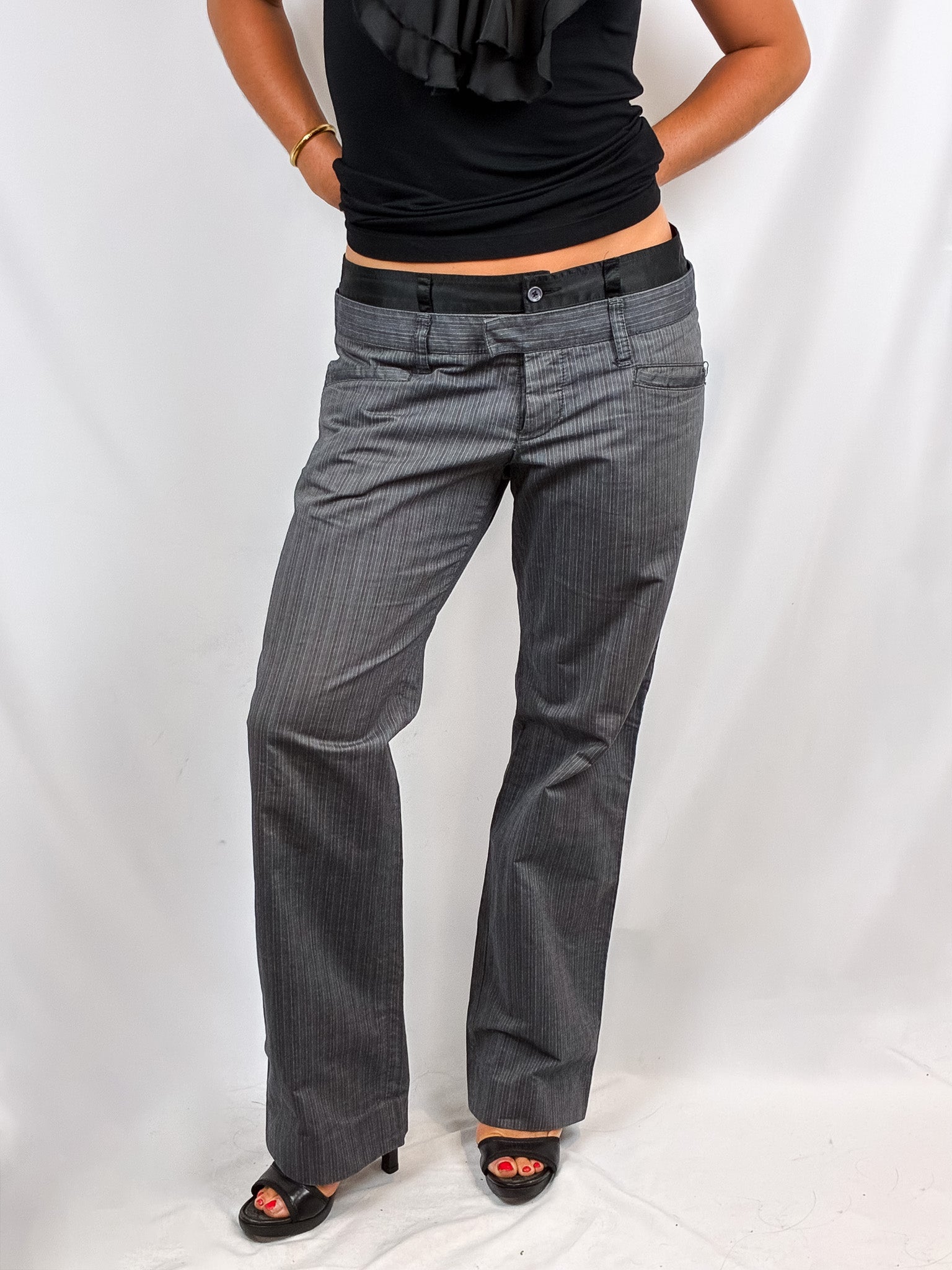 D&G Dolce & Gabbana 2000s Grey Pinstripe Black Waistband Trousers - W31