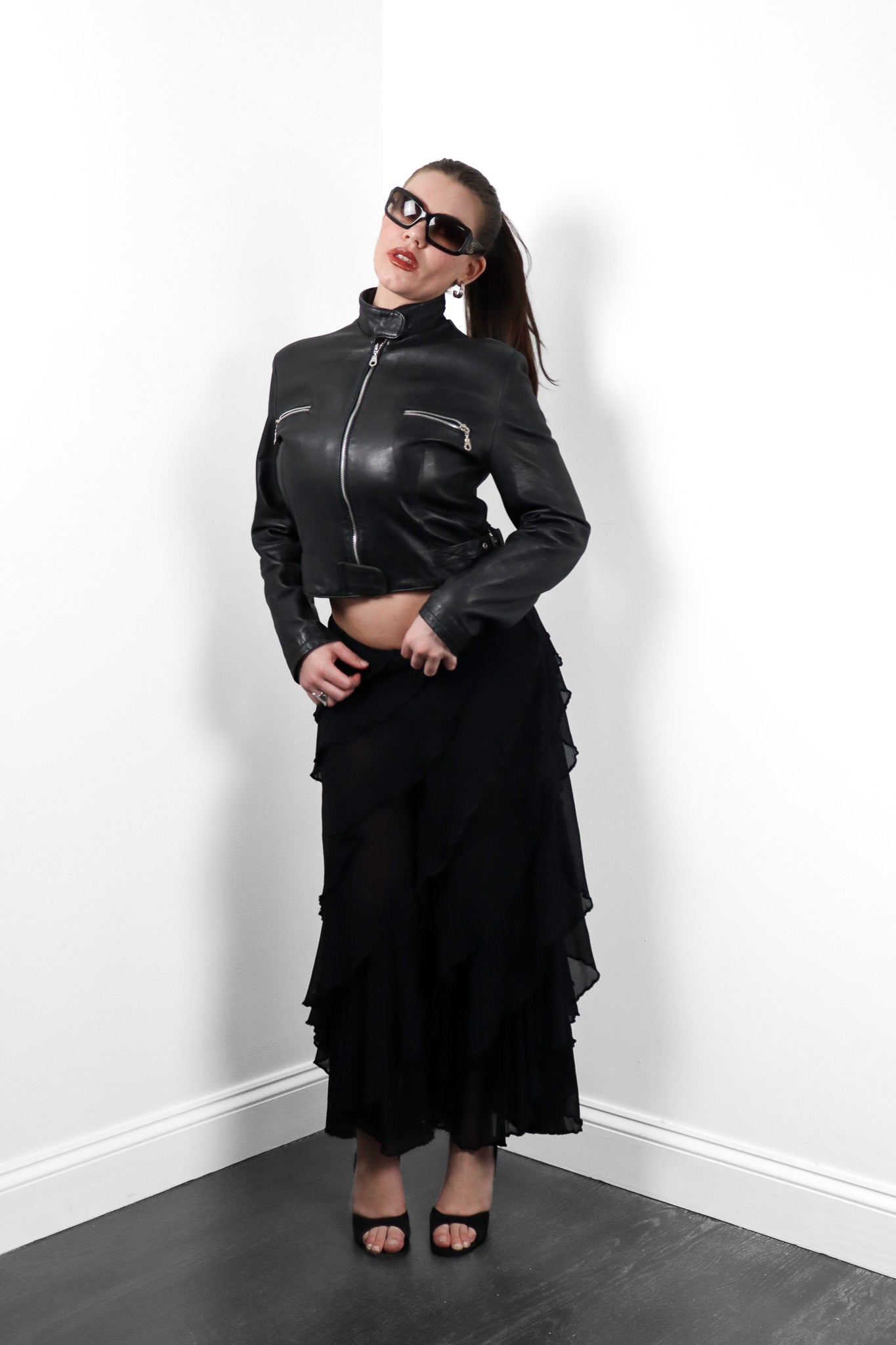 1990s Black Leather Cropped Moto Jacket - M
