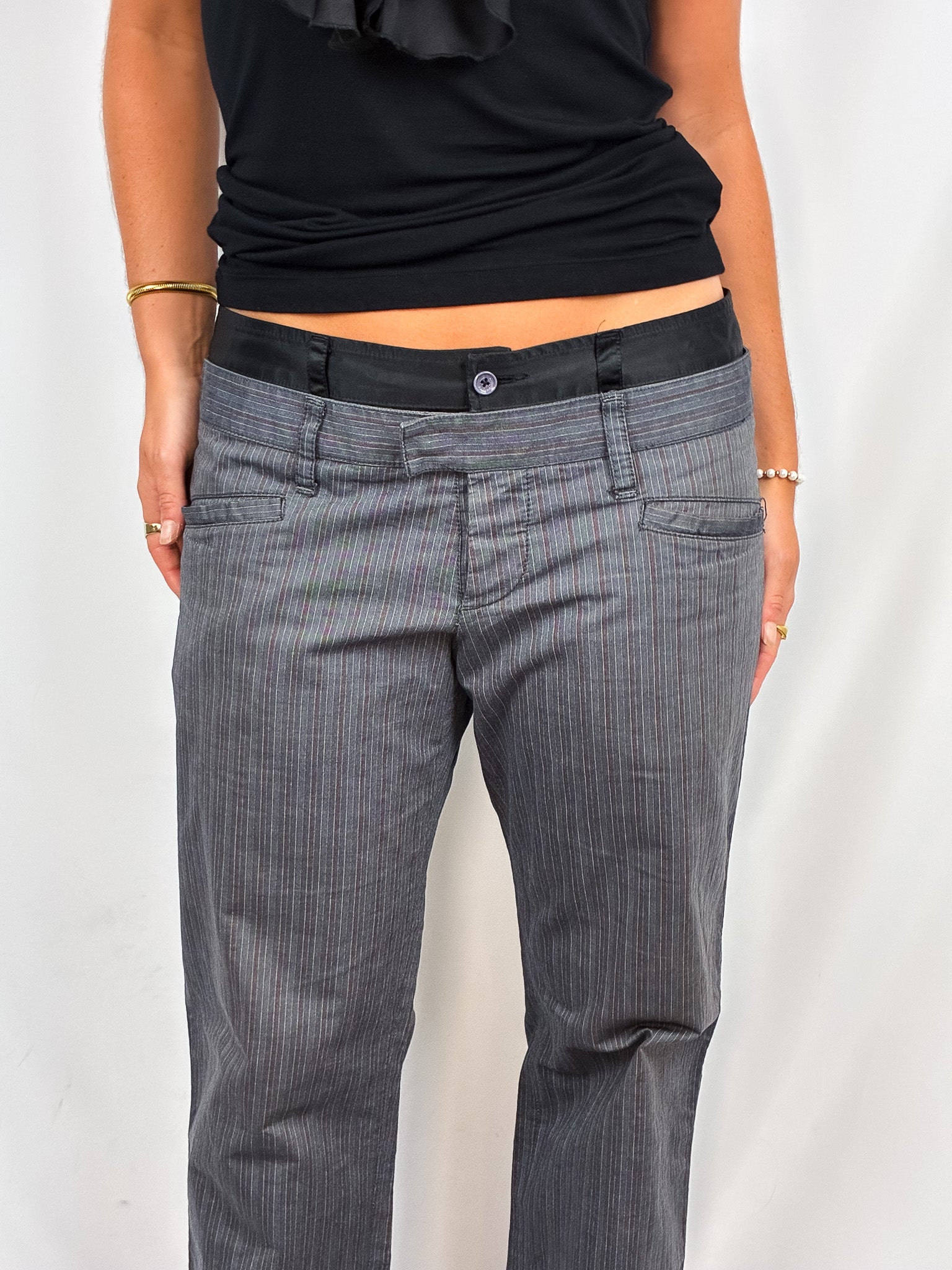 D&G Dolce & Gabbana 2000s Grey Pinstripe Black Waistband Trousers - W31