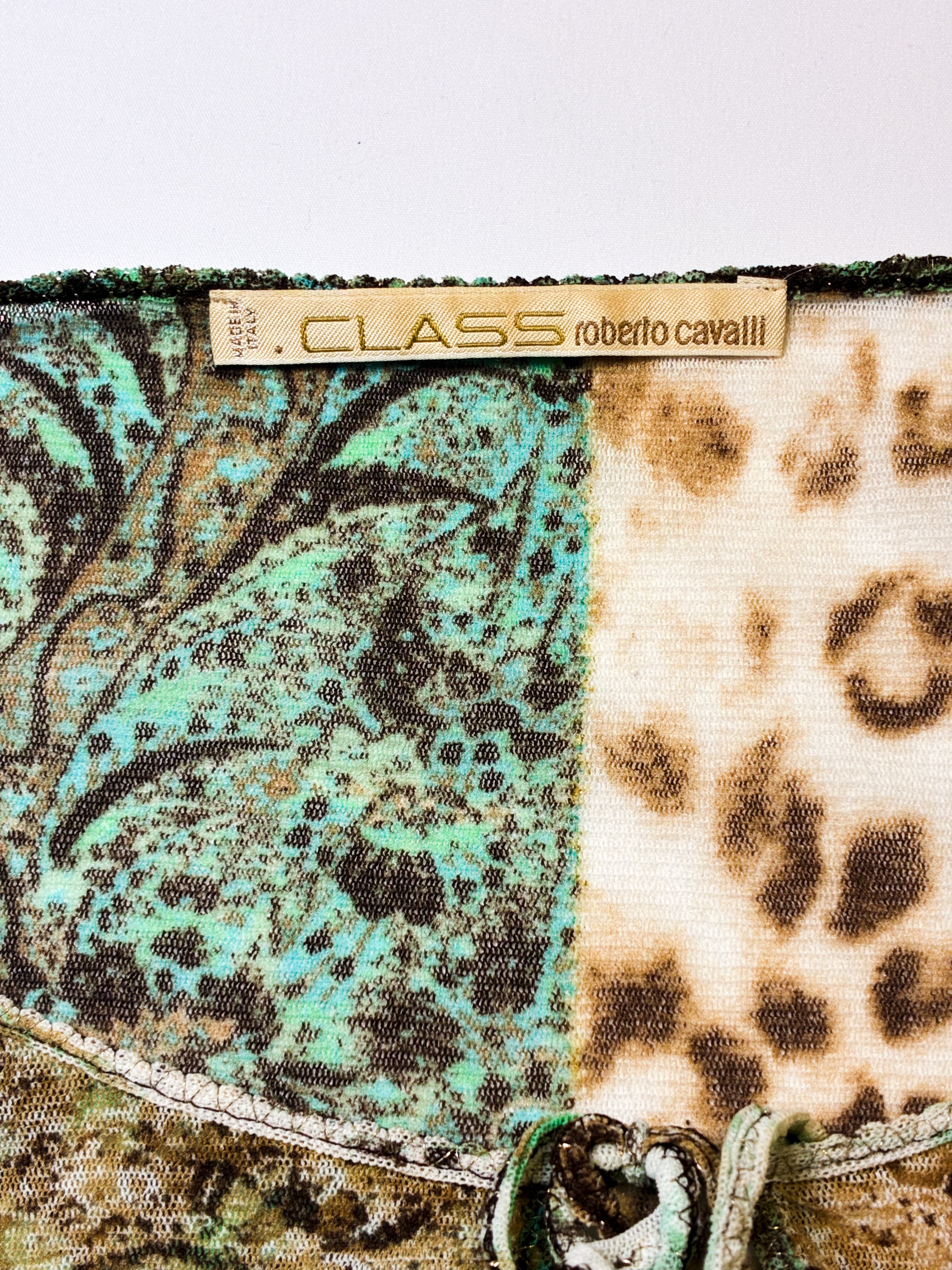 Class Roberto Cavalli 2000s Green Paisley Leopard Patchwork Mesh Top - S-L