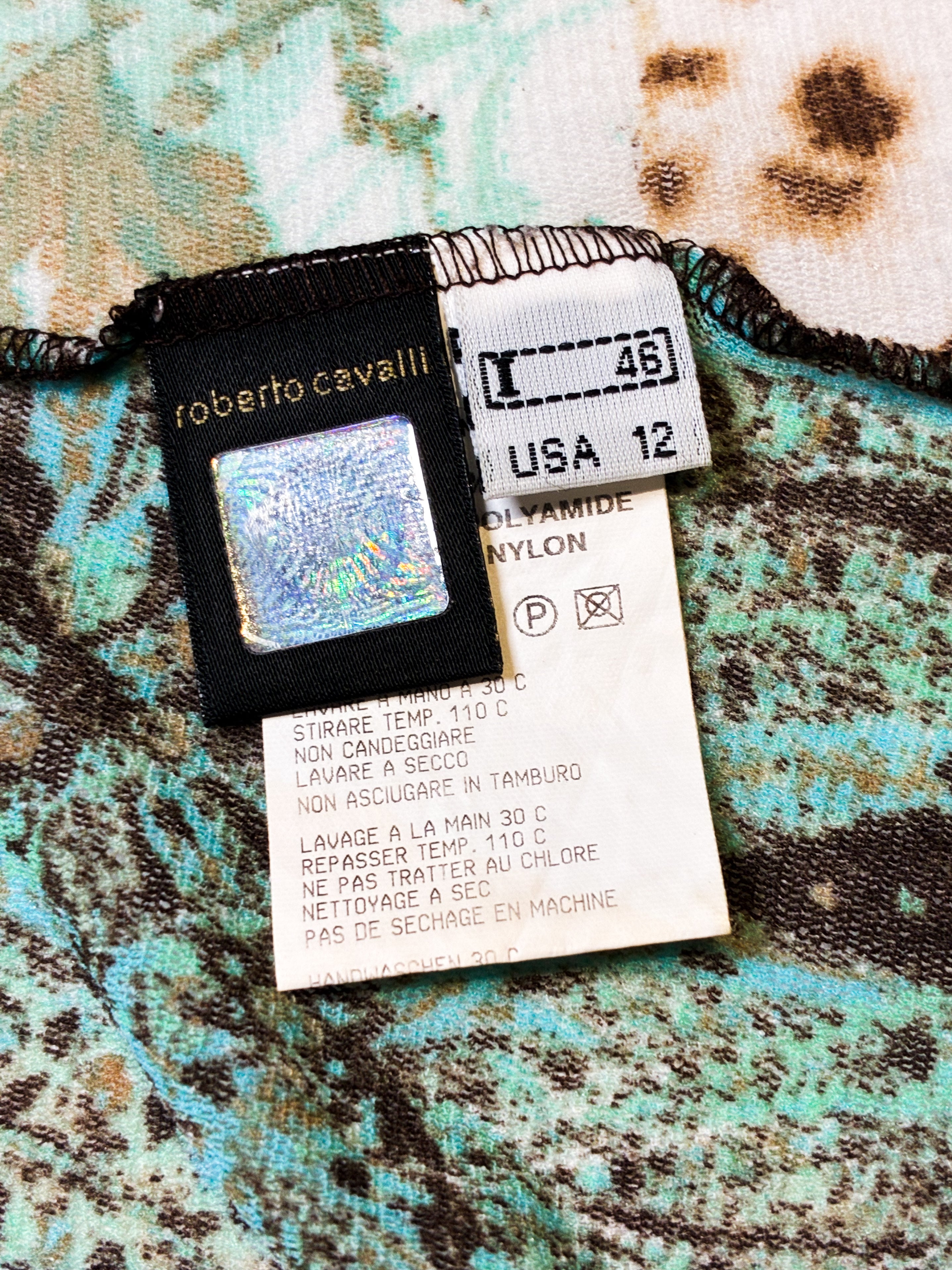 Class Roberto Cavalli 2000s Green Paisley Leopard Patchwork Mesh Top - S-L