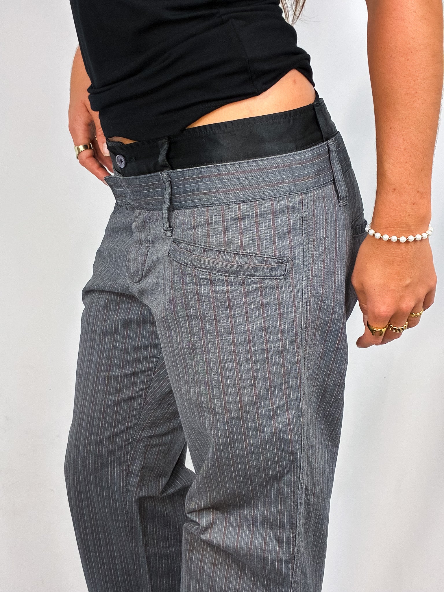 D&G Dolce & Gabbana 2000s Grey Pinstripe Black Waistband Trousers - W31