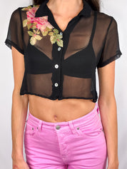 Robbie Bee 2000s Black Sheer Floral Beaded Crop Blouse - S