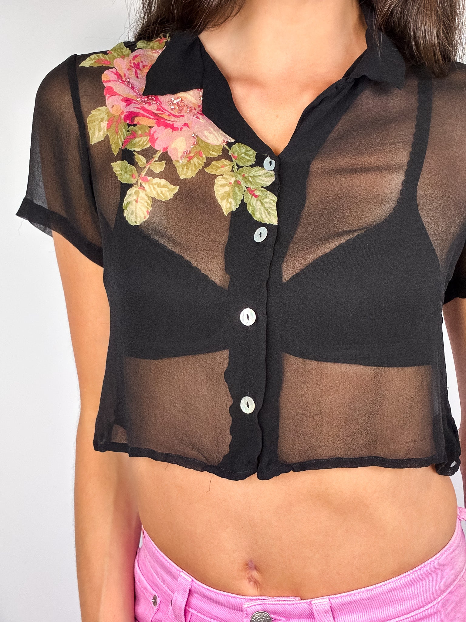 Robbie Bee 2000s Black Sheer Floral Beaded Crop Blouse - S