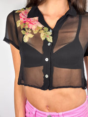 Robbie Bee 2000s Black Sheer Floral Beaded Crop Blouse - S