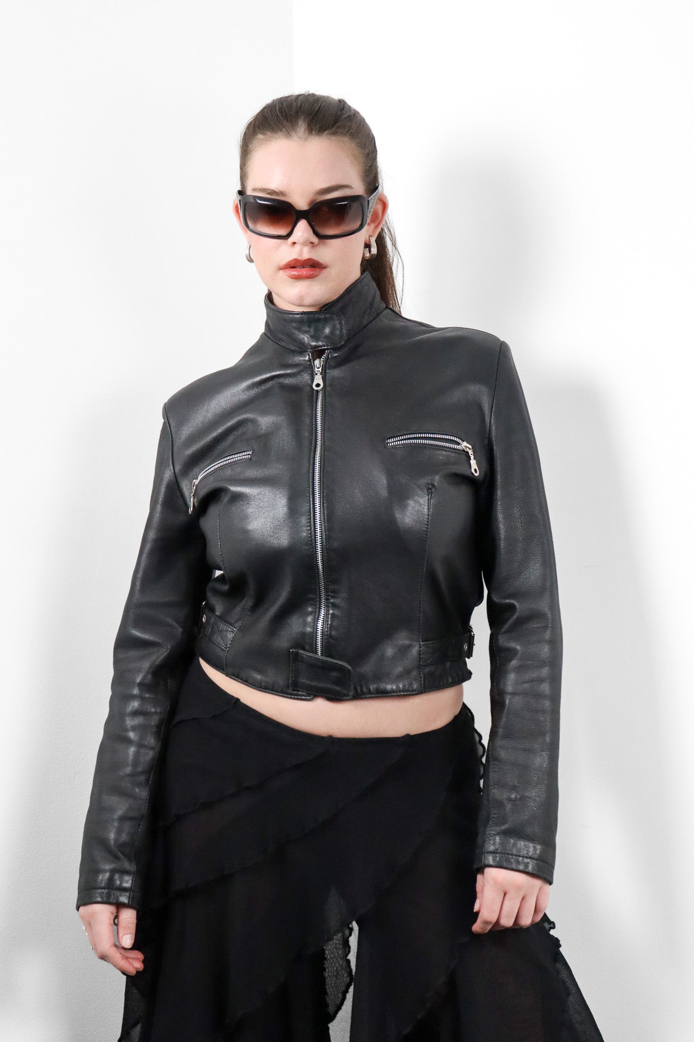 1990s Black Leather Cropped Moto Jacket - M