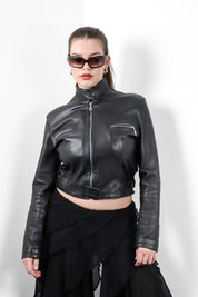 1990s Black Leather Cropped Moto Jacket - M