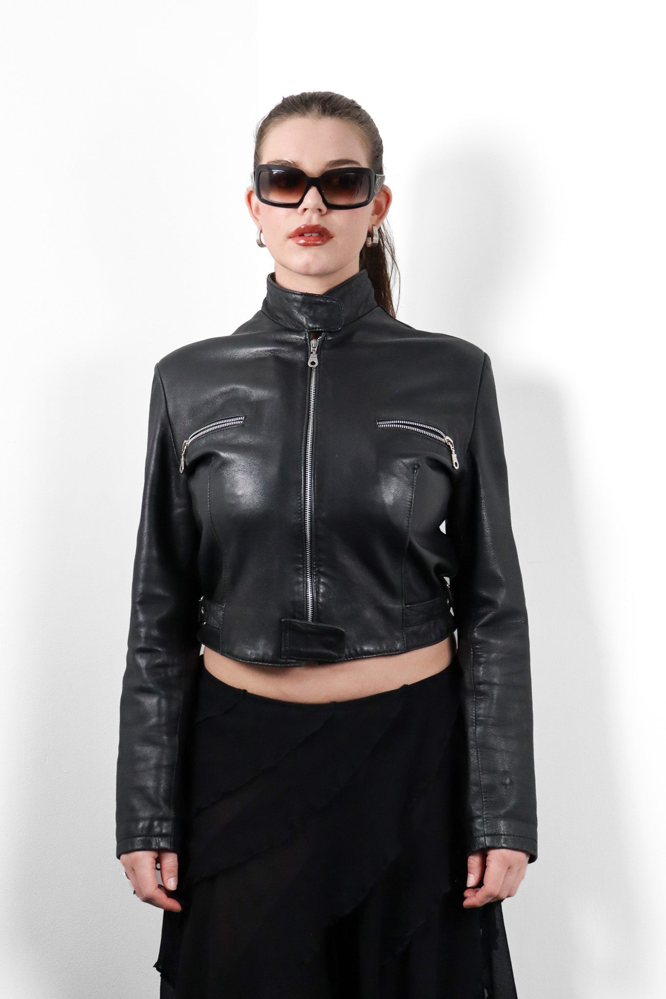 1990s Black Leather Cropped Moto Jacket - M