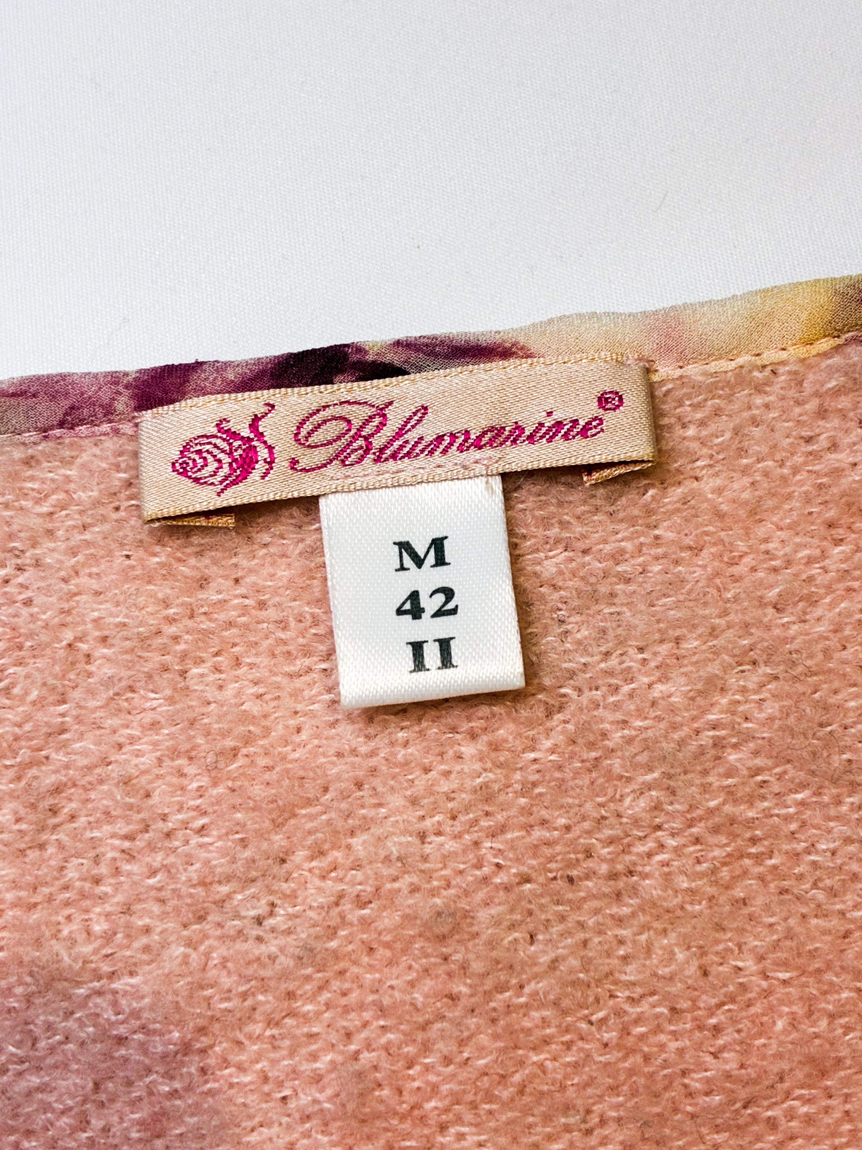 Blumarine 2000s Pink Knit Rose Chiffon Ruffle Cardigan - M