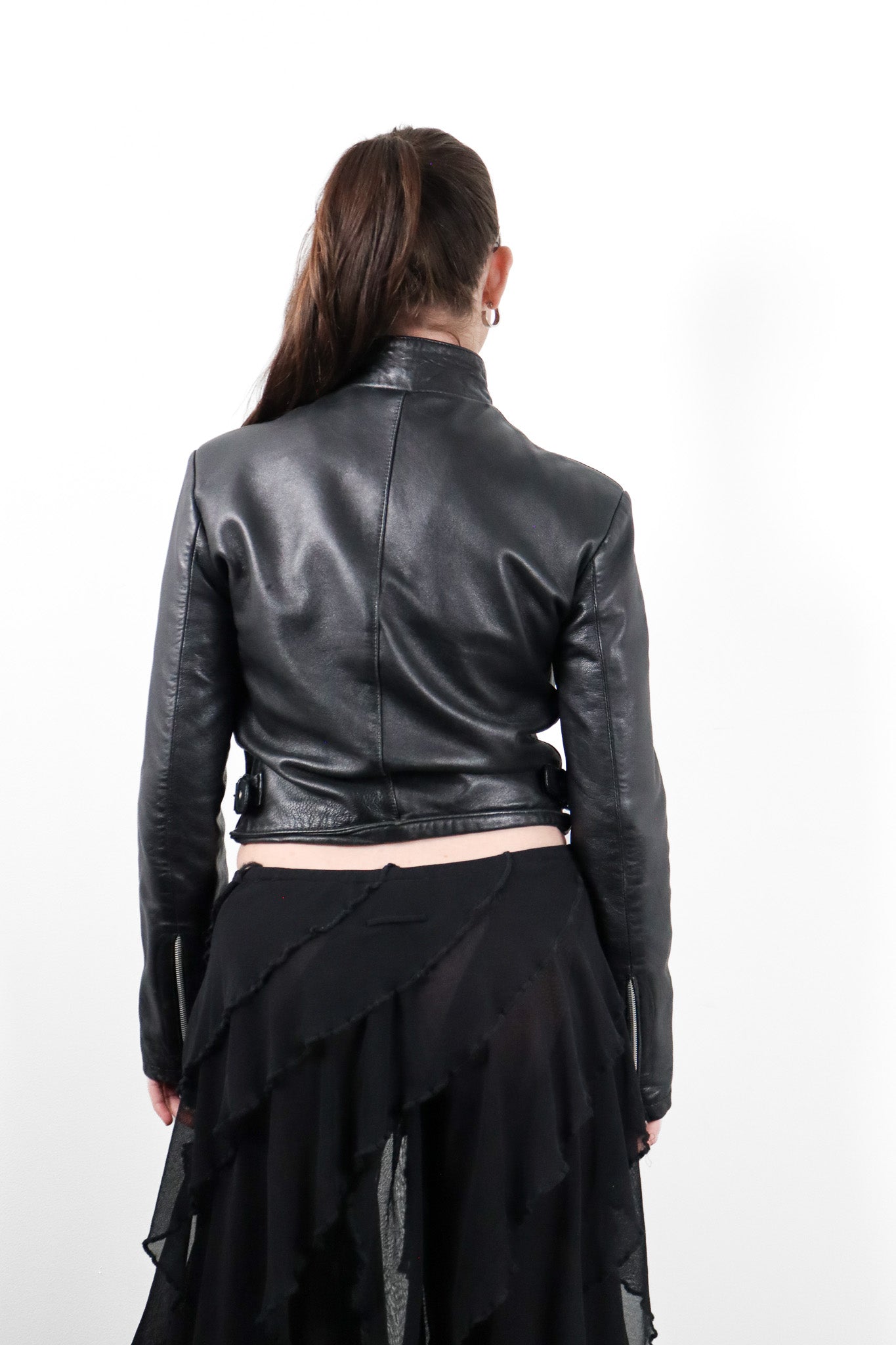 1990s Black Leather Cropped Moto Jacket - M