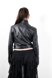 1990s Black Leather Cropped Moto Jacket - M