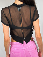 Robbie Bee 2000s Black Sheer Floral Beaded Crop Blouse - S