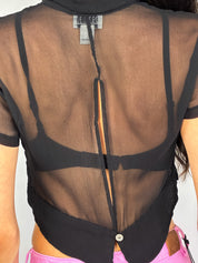 Robbie Bee 2000s Black Sheer Floral Beaded Crop Blouse - S