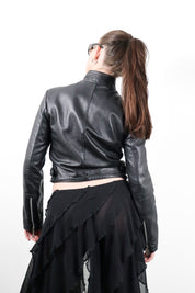 1990s Black Leather Cropped Moto Jacket - M