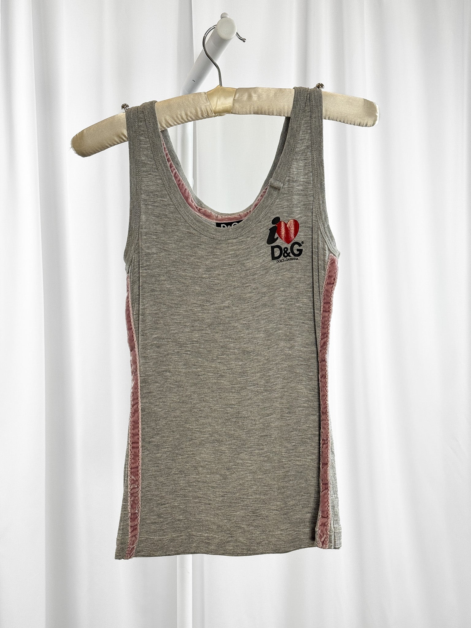 D&G 2000s Grey I Love D&G Logo Tank Top with Pink Velvet Trim - XS/S