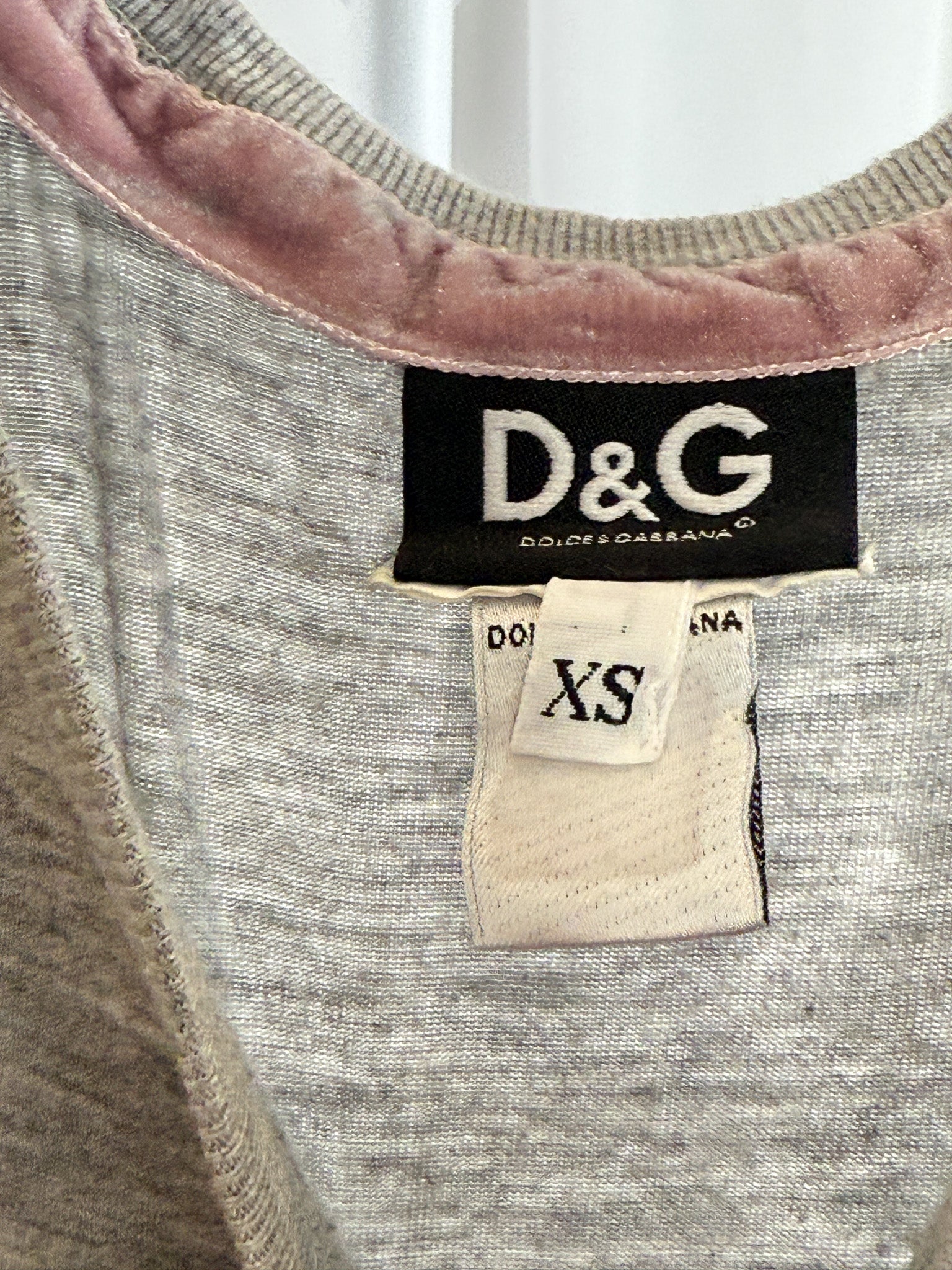 D&G 2000s Grey I Love D&G Logo Tank Top with Pink Velvet Trim - XS/S