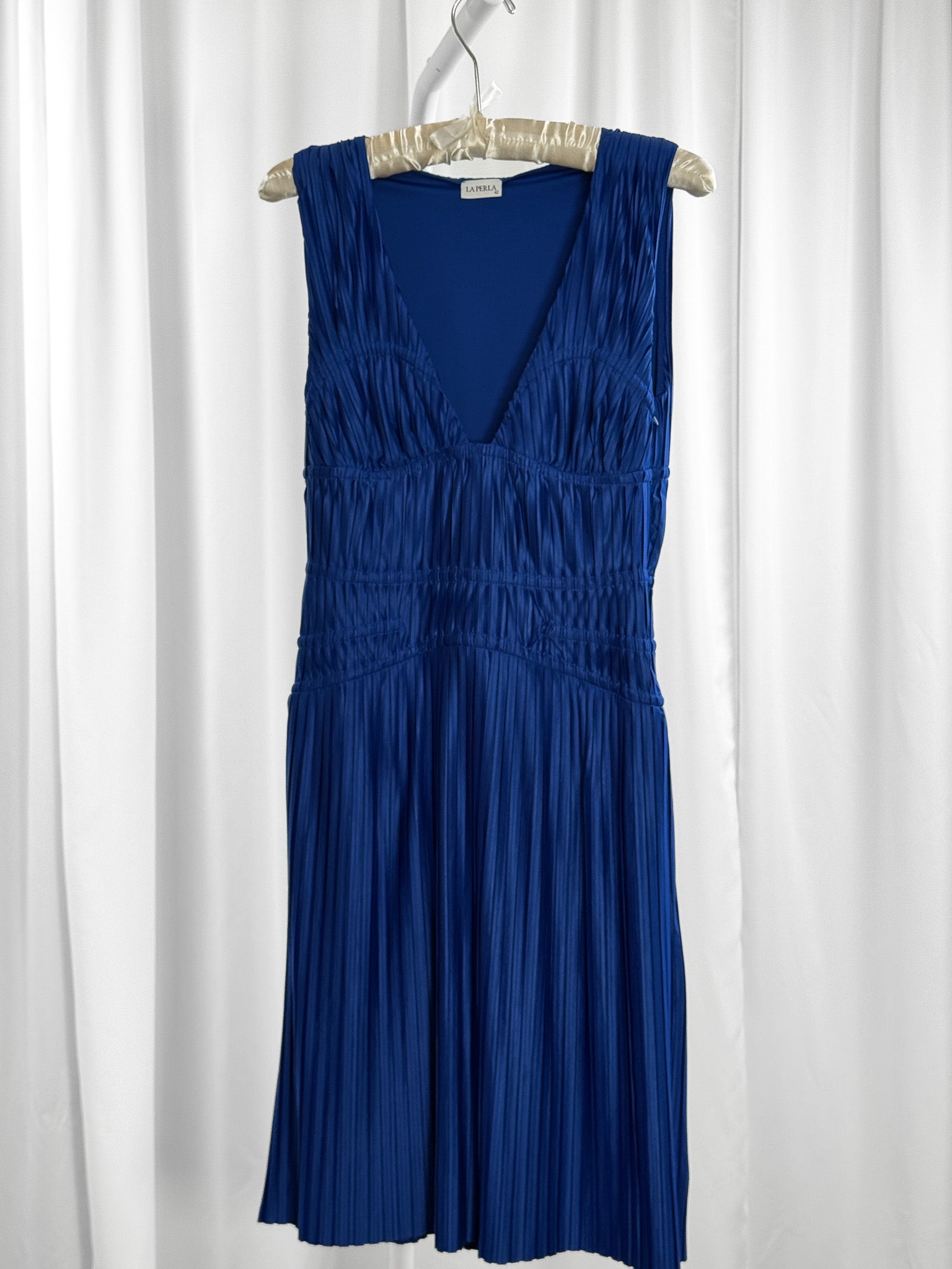 La Perla 2010s Cobalt Blue Plissé Plunge Bodysuit Dress - S