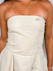 Armani Jeans 2000s Cream Cotton-Linen Strapless Mini Dress - S