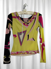 Emilio Pucci 2000s Lime & Fuchsia Signature Print Silk Jersey V-Neck Long Sleeve Top - S