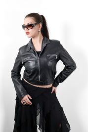 1990s Black Leather Cropped Moto Jacket - M