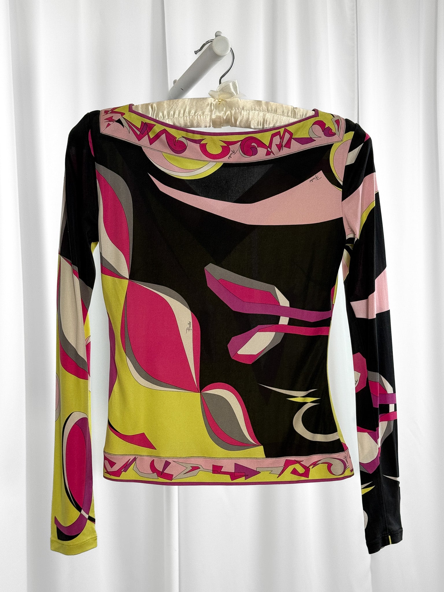 Emilio Pucci 2000s Lime & Fuchsia Signature Print Silk Jersey V-Neck Long Sleeve Top - S