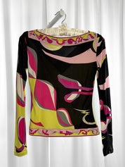 Emilio Pucci 2000s Lime & Fuchsia Signature Print Silk Jersey V-Neck Long Sleeve Top - S