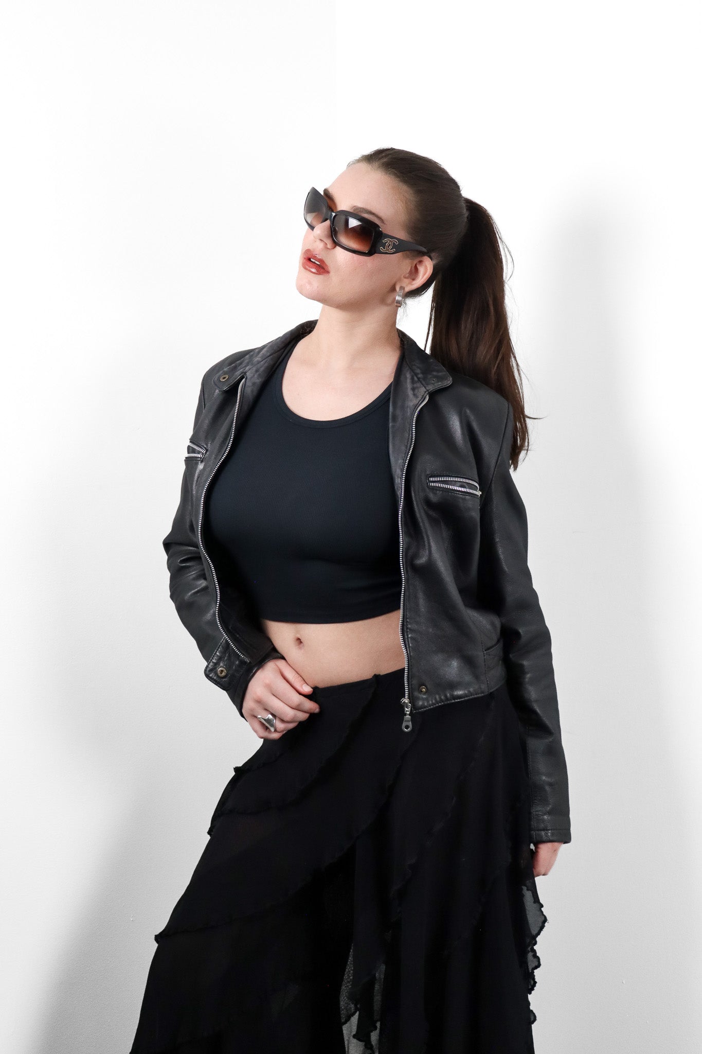 1990s Black Leather Cropped Moto Jacket - M