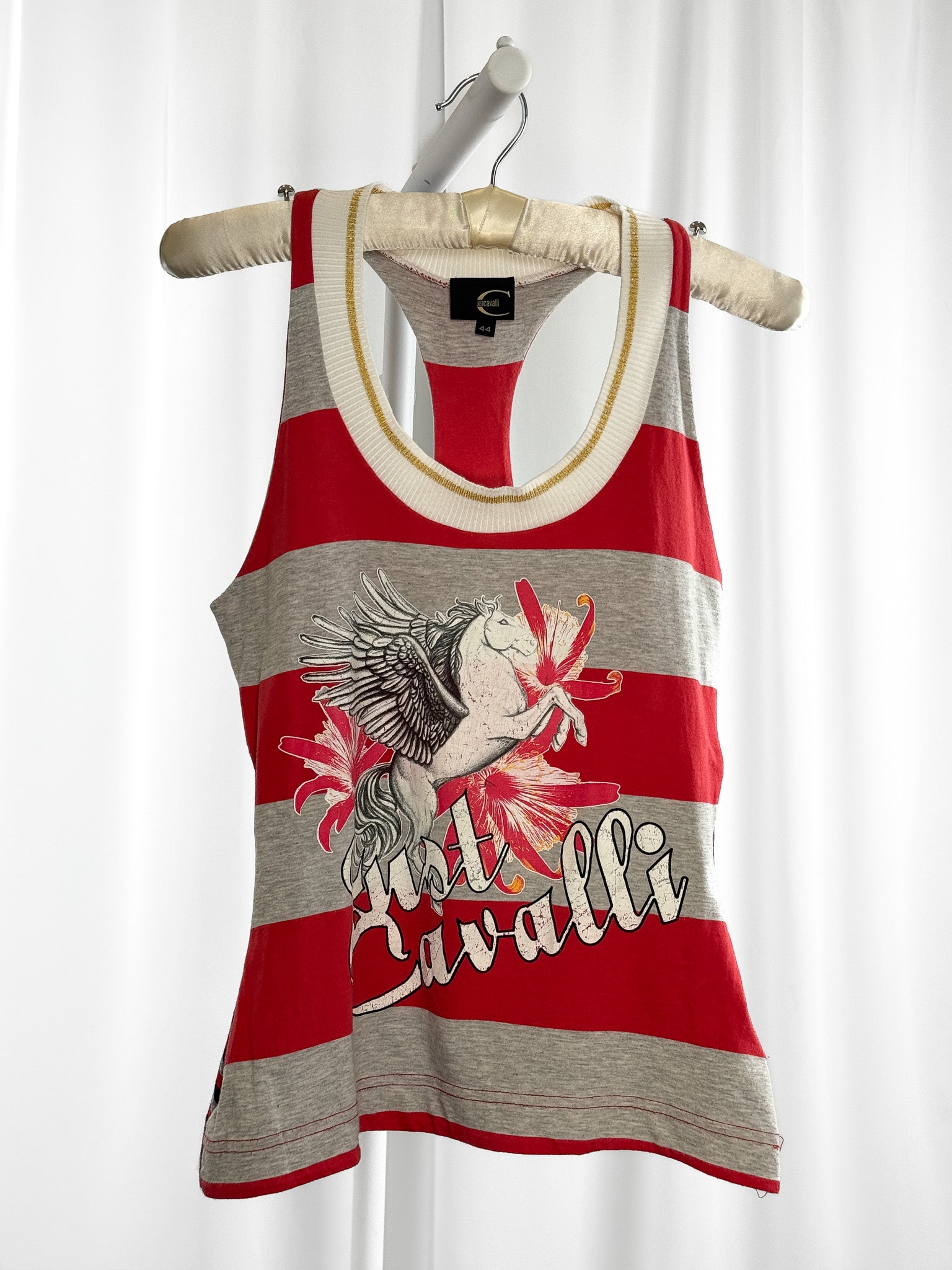 Just Cavalli 2000s Red & Grey Striped Pegasus Logo Racerback Tank - S