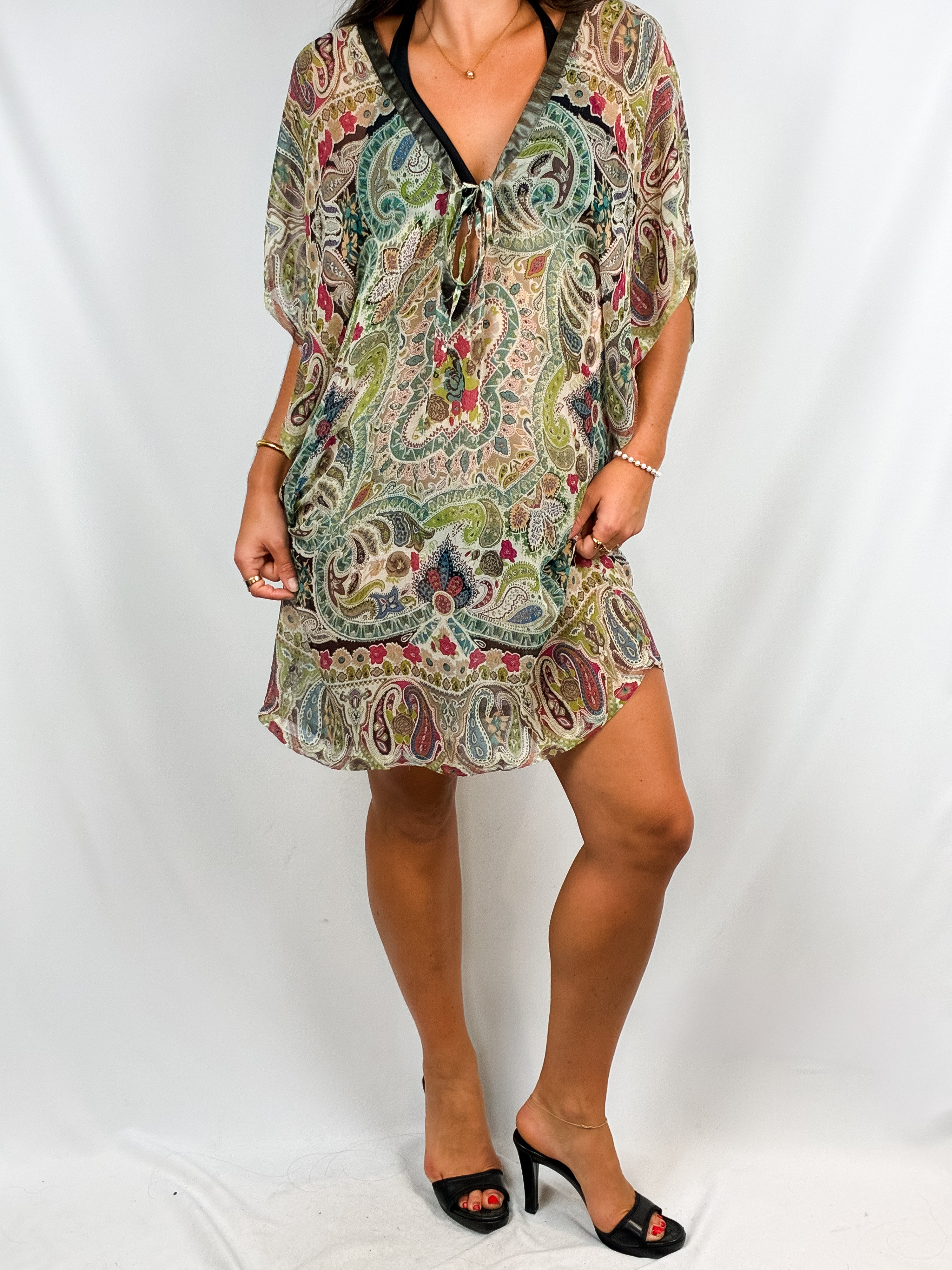 2000s Multicolor Paisley Print Silk Kaftan Cover-Up - M/L