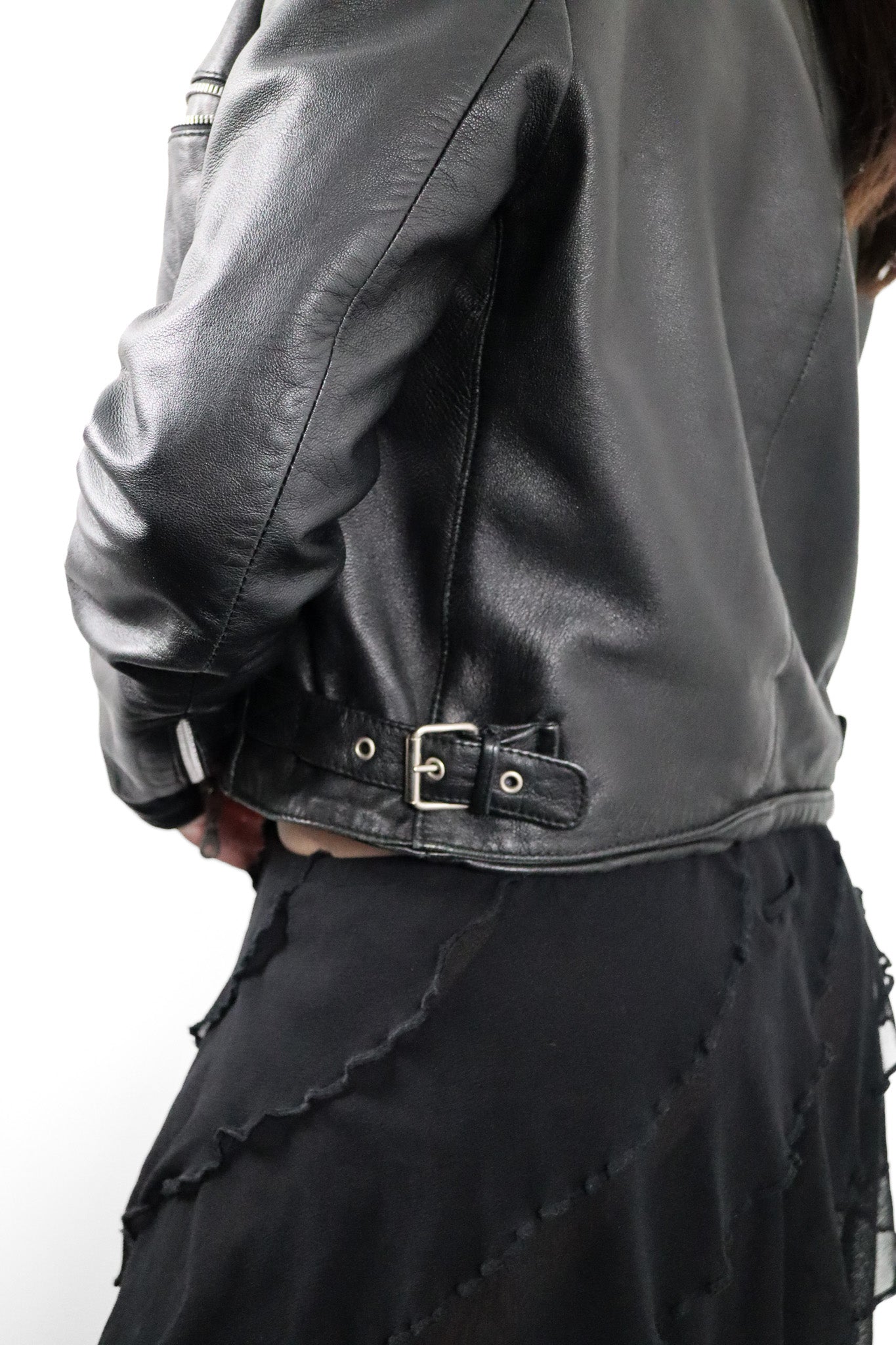 1990s Black Leather Cropped Moto Jacket - M