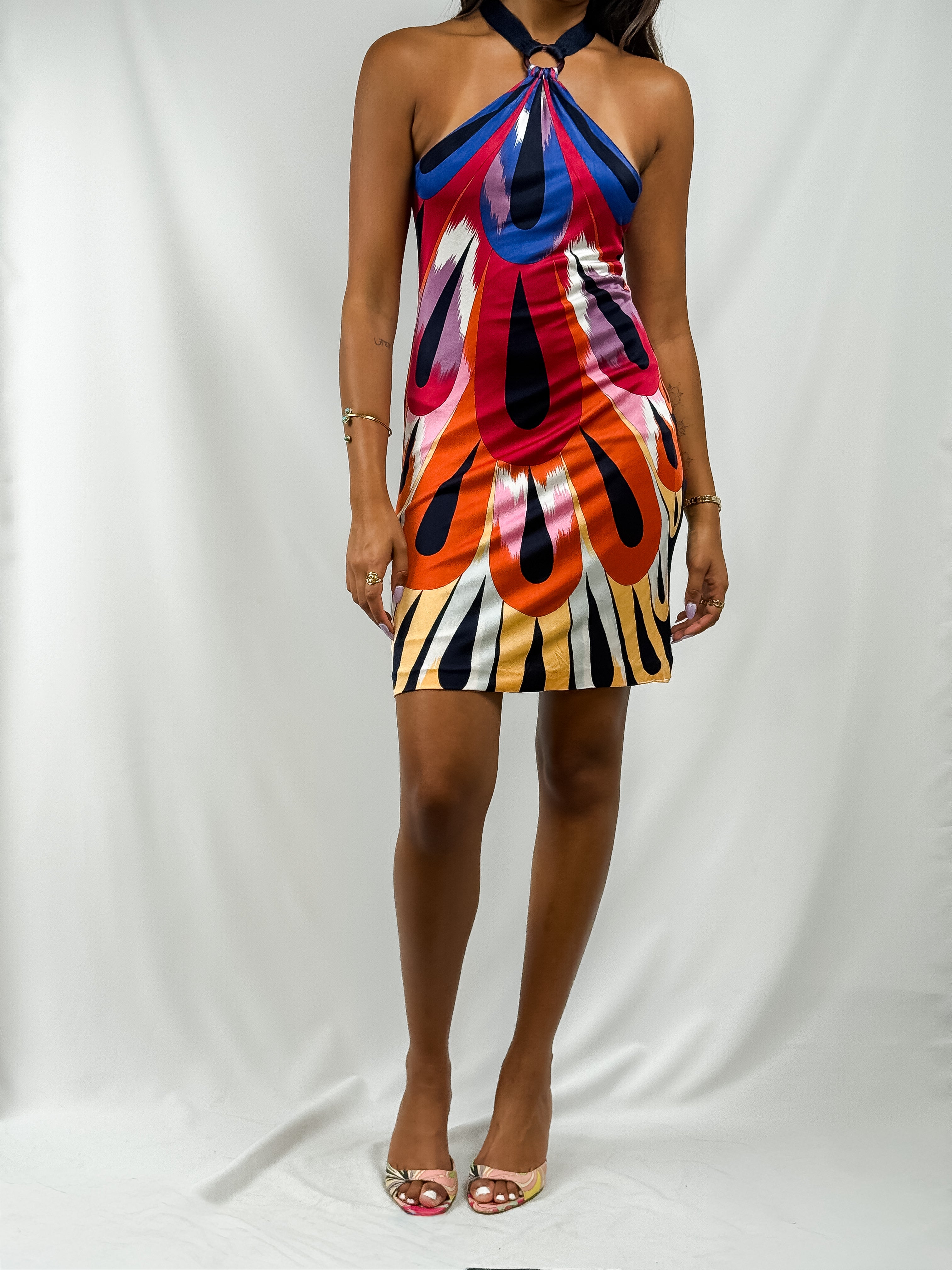 Missoni 2000s Peacock Feather Print O-Ring Halter Mini Dress - XS/S