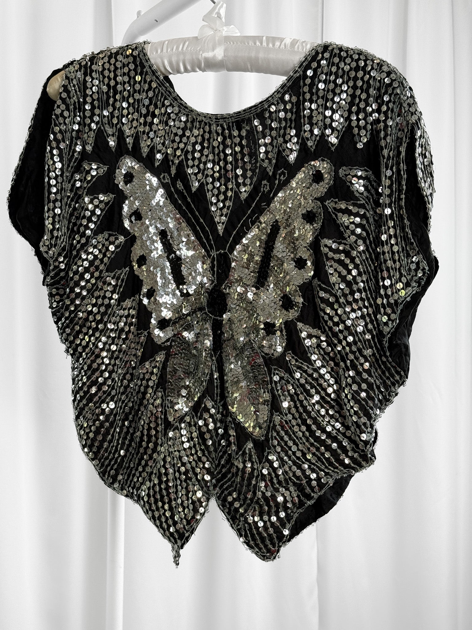 1980s Black Silk Hand-Beaded Butterfly Sequin Batwing Top - S/M/L
