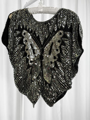1980s Black Silk Hand-Beaded Butterfly Sequin Batwing Top - S/M/L