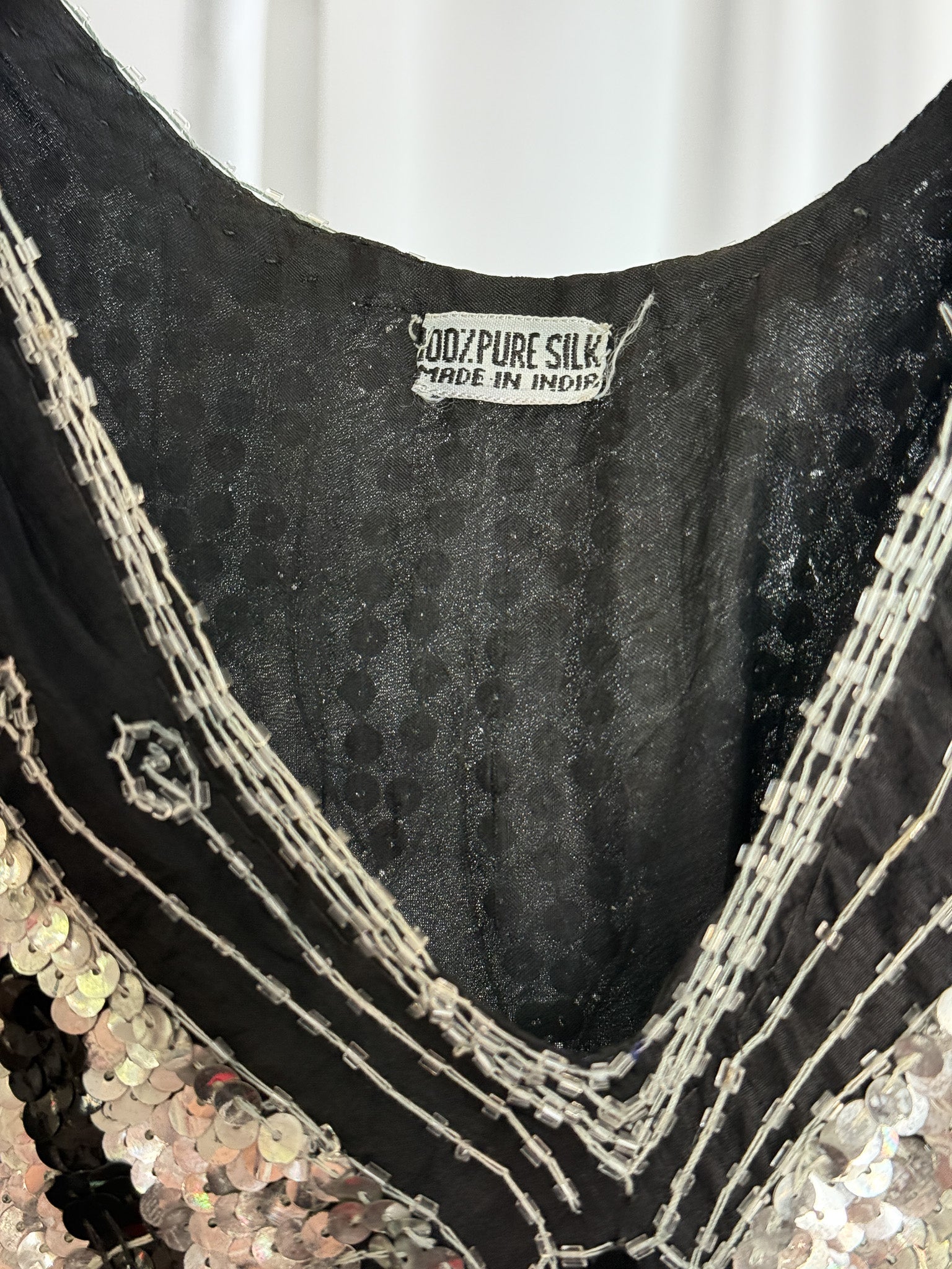 1980s Black Silk Hand-Beaded Butterfly Sequin Batwing Top - S/M/L