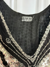 1980s Black Silk Hand-Beaded Butterfly Sequin Batwing Top - S/M/L