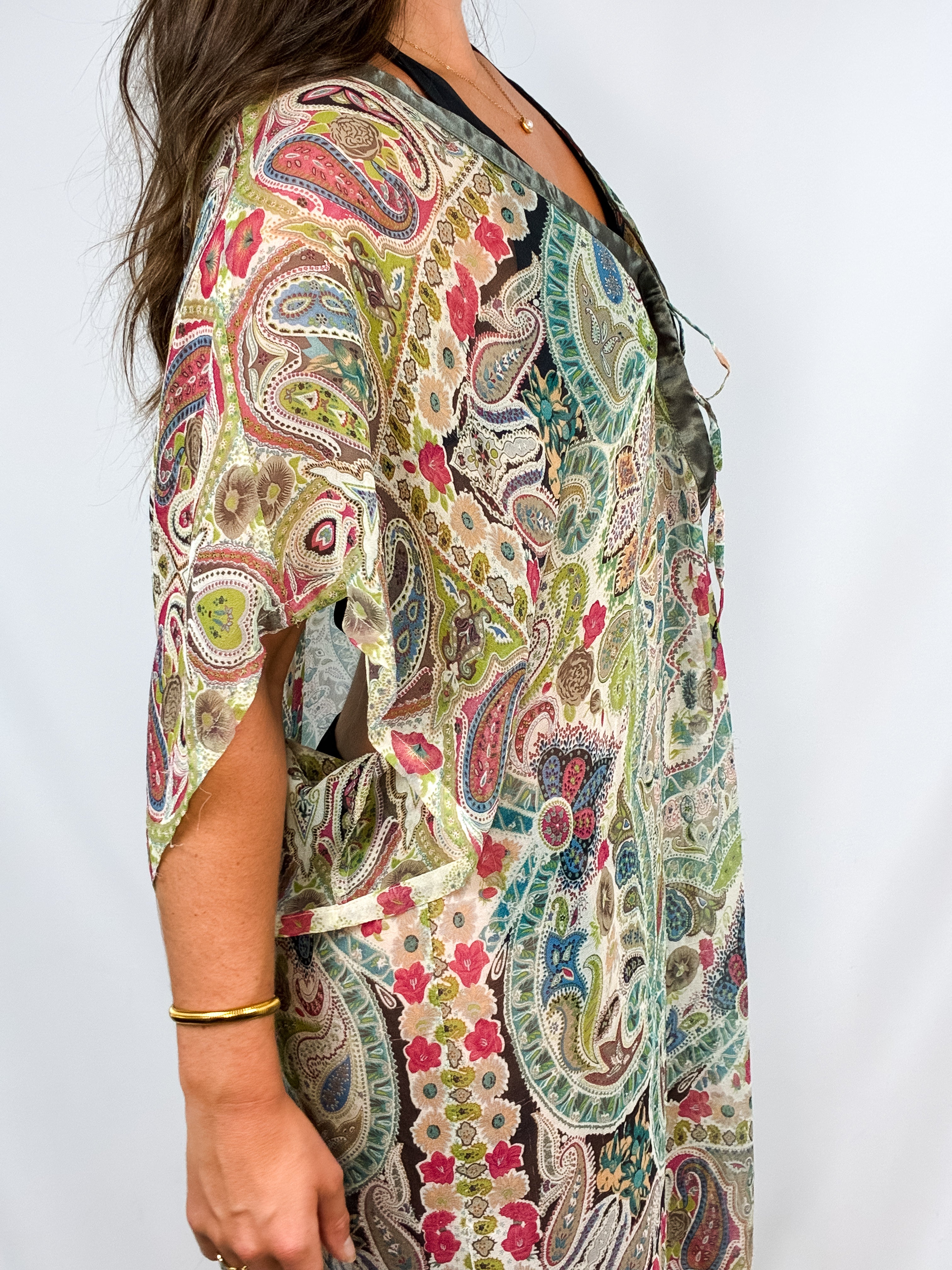 2000s Multicolor Paisley Print Silk Kaftan Cover-Up - M/L