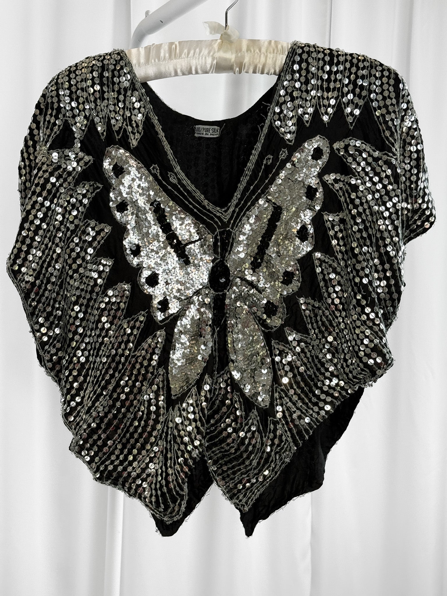1980s Black Silk Hand-Beaded Butterfly Sequin Batwing Top - S/M/L
