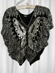 1980s Black Silk Hand-Beaded Butterfly Sequin Batwing Top - S/M/L