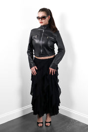 1990s Black Leather Cropped Moto Jacket - M