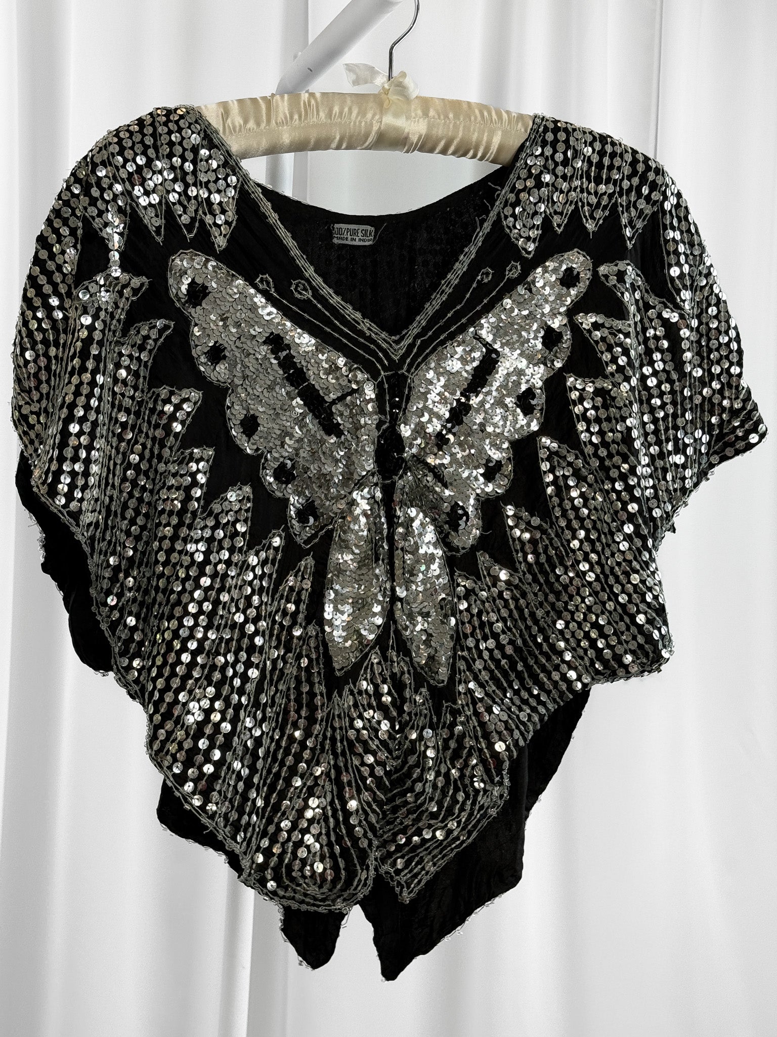 1980s Black Silk Hand-Beaded Butterfly Sequin Batwing Top - S/M/L
