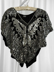 1980s Black Silk Hand-Beaded Butterfly Sequin Batwing Top - S/M/L