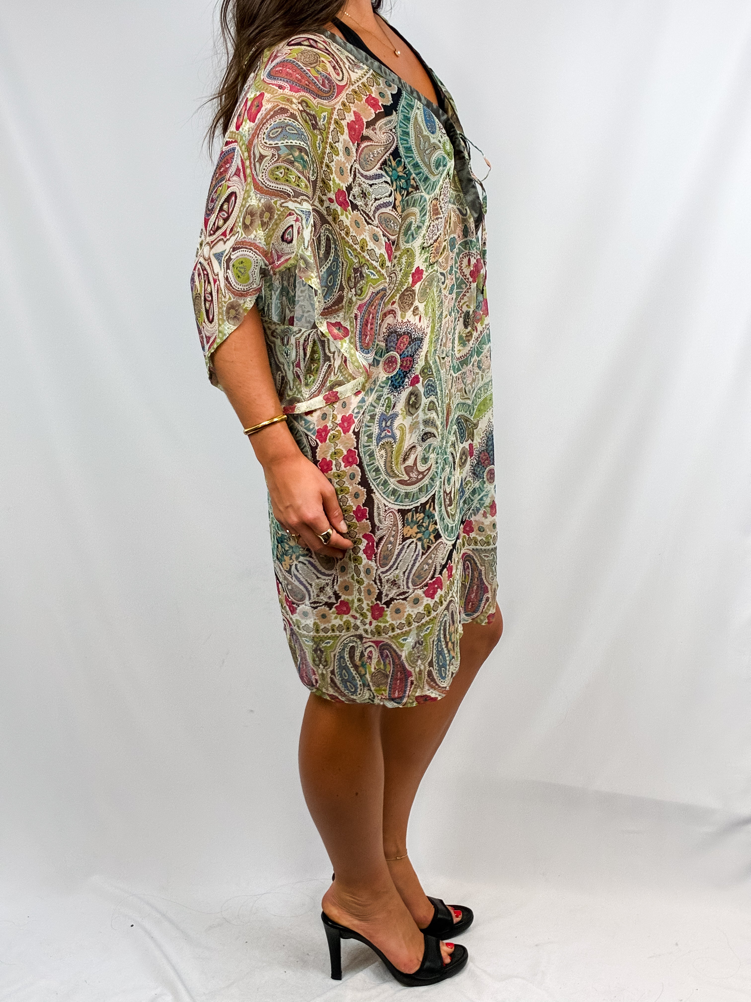 2000s Multicolor Paisley Print Silk Kaftan Cover-Up - M/L
