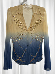 Elisa Landri 2000s Cream to Navy Ombré Beaded Mesh Shirt - M