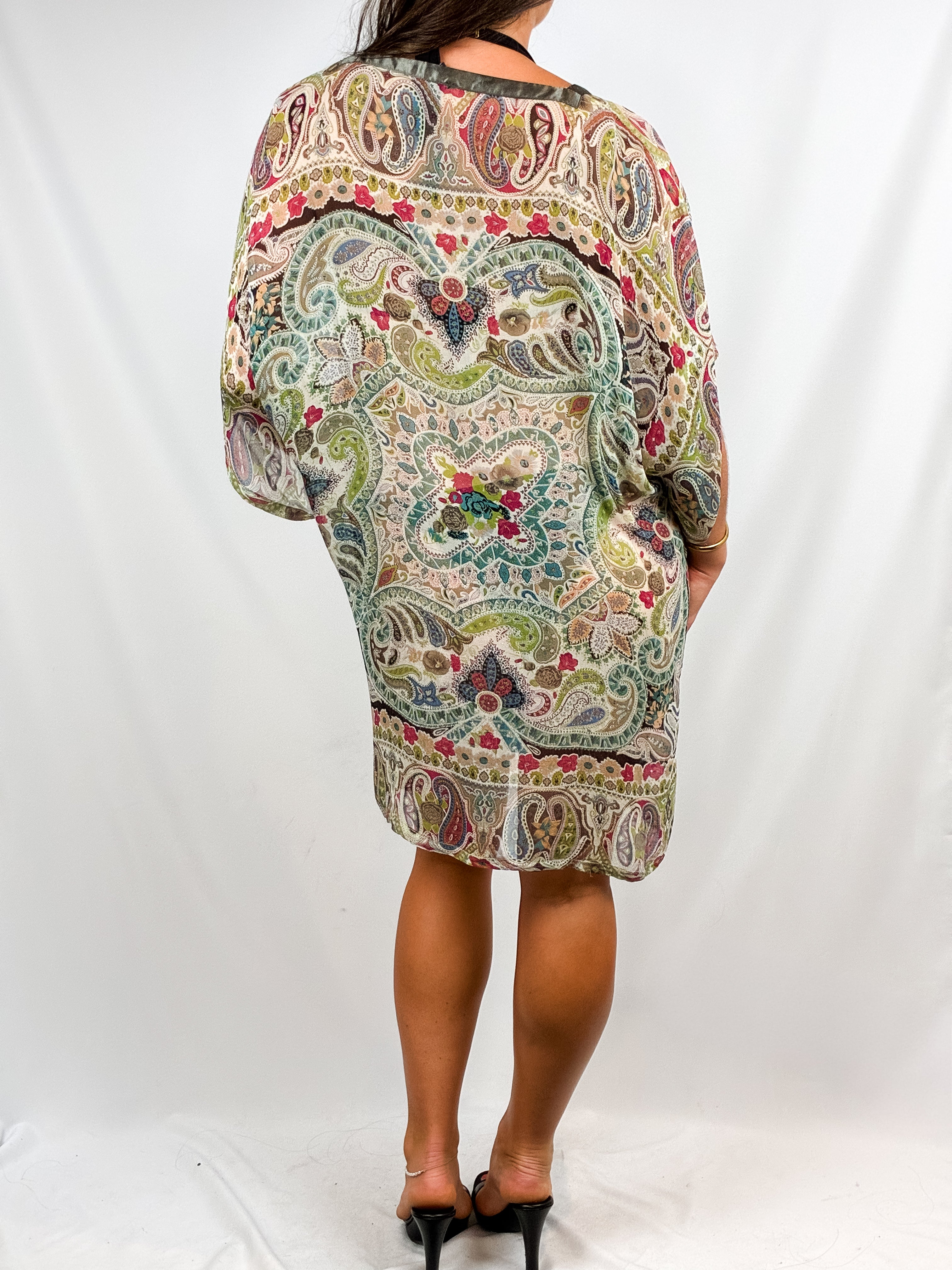 2000s Multicolor Paisley Print Silk Kaftan Cover-Up - M/L
