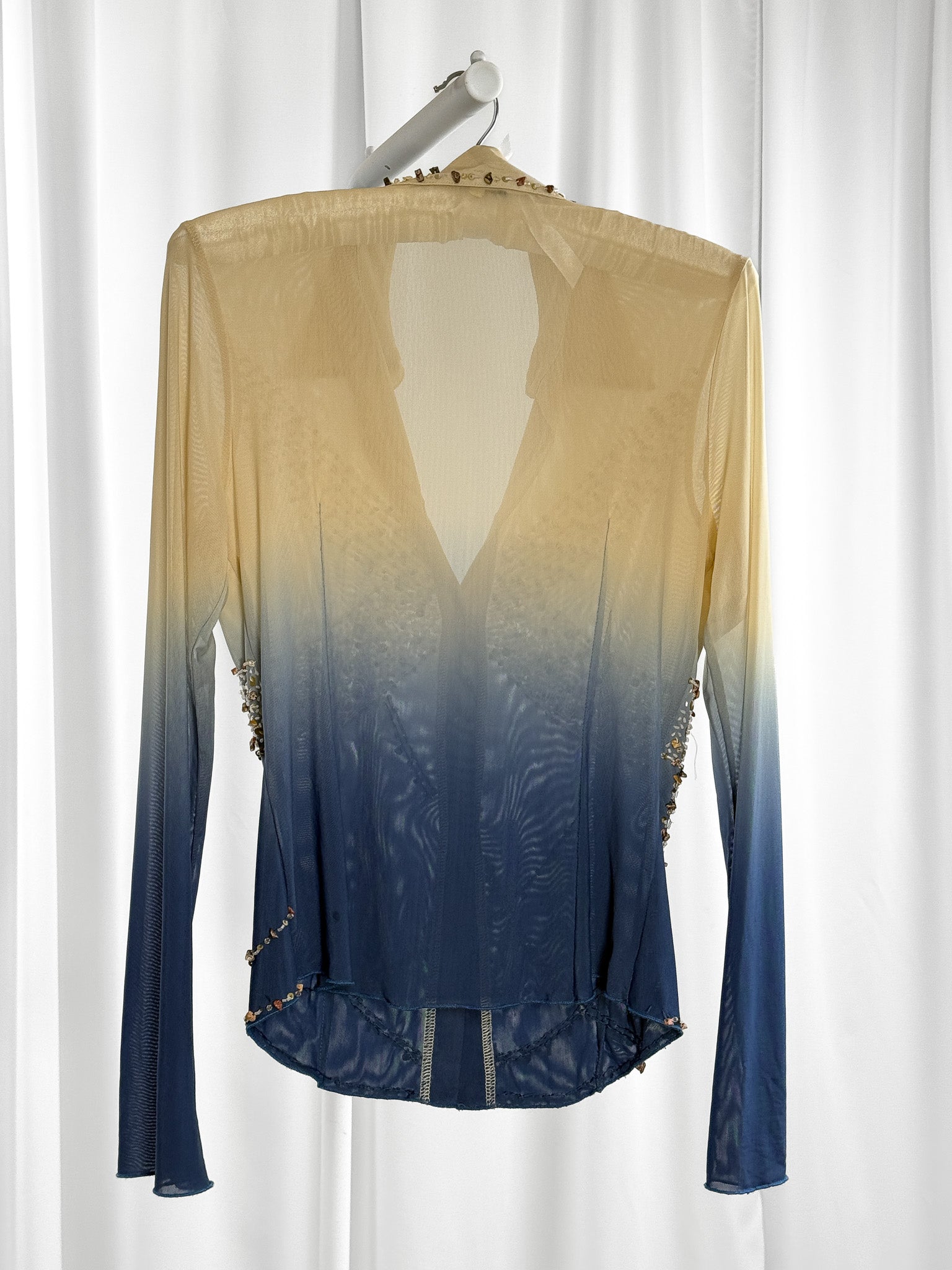 Elisa Landri 2000s Cream to Navy Ombré Beaded Mesh Shirt - M
