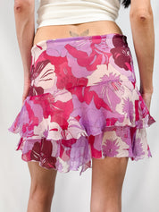Laltramoda 2000s Pink Floral Crinkle Chiffon Ruffle Mini Skirt - S