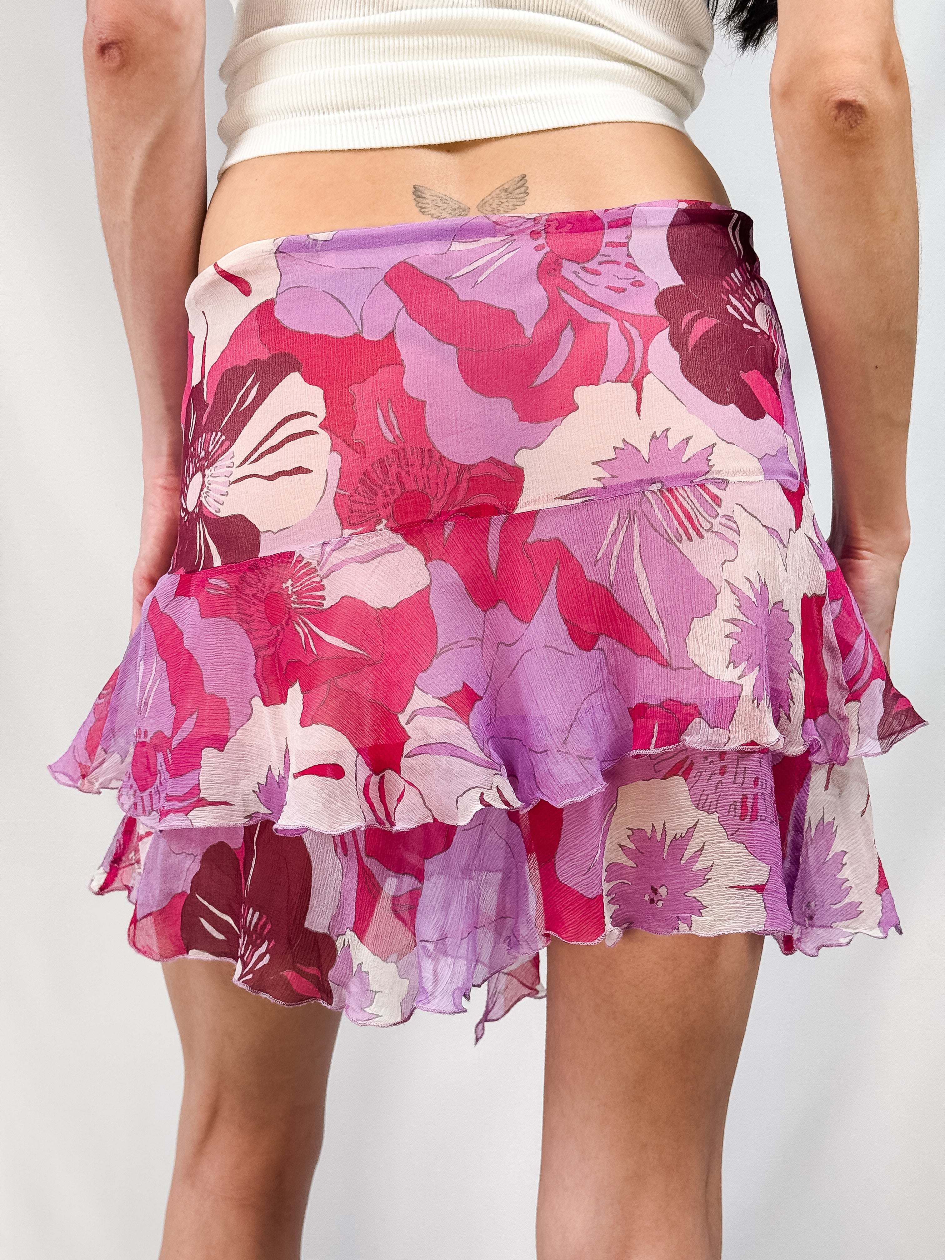 Laltramoda 2000s Pink Floral Crinkle Chiffon Ruffle Mini Skirt - S