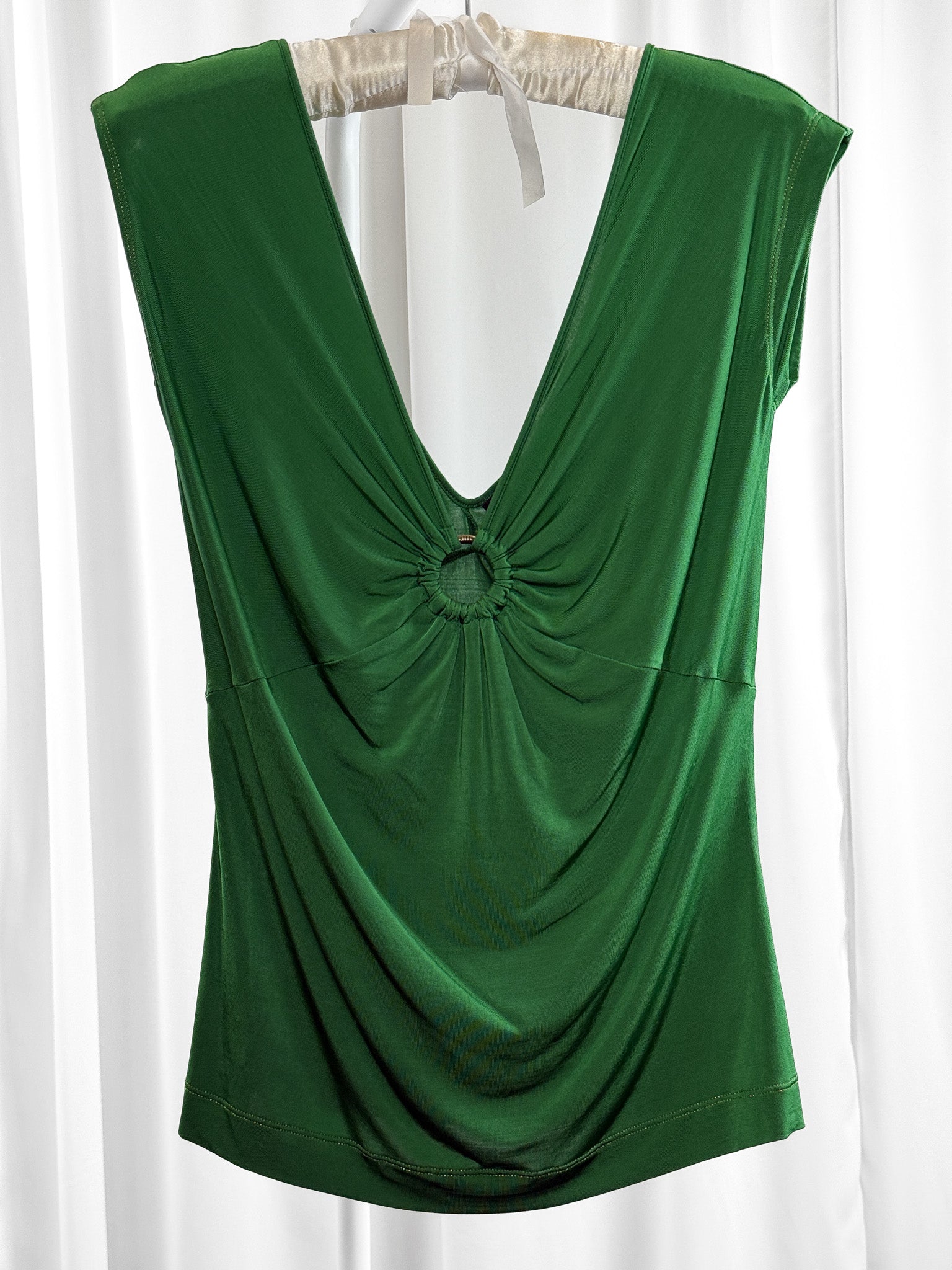 Just Cavalli 2000s Kelly Green Ring Front Deep V Jersey Top - L