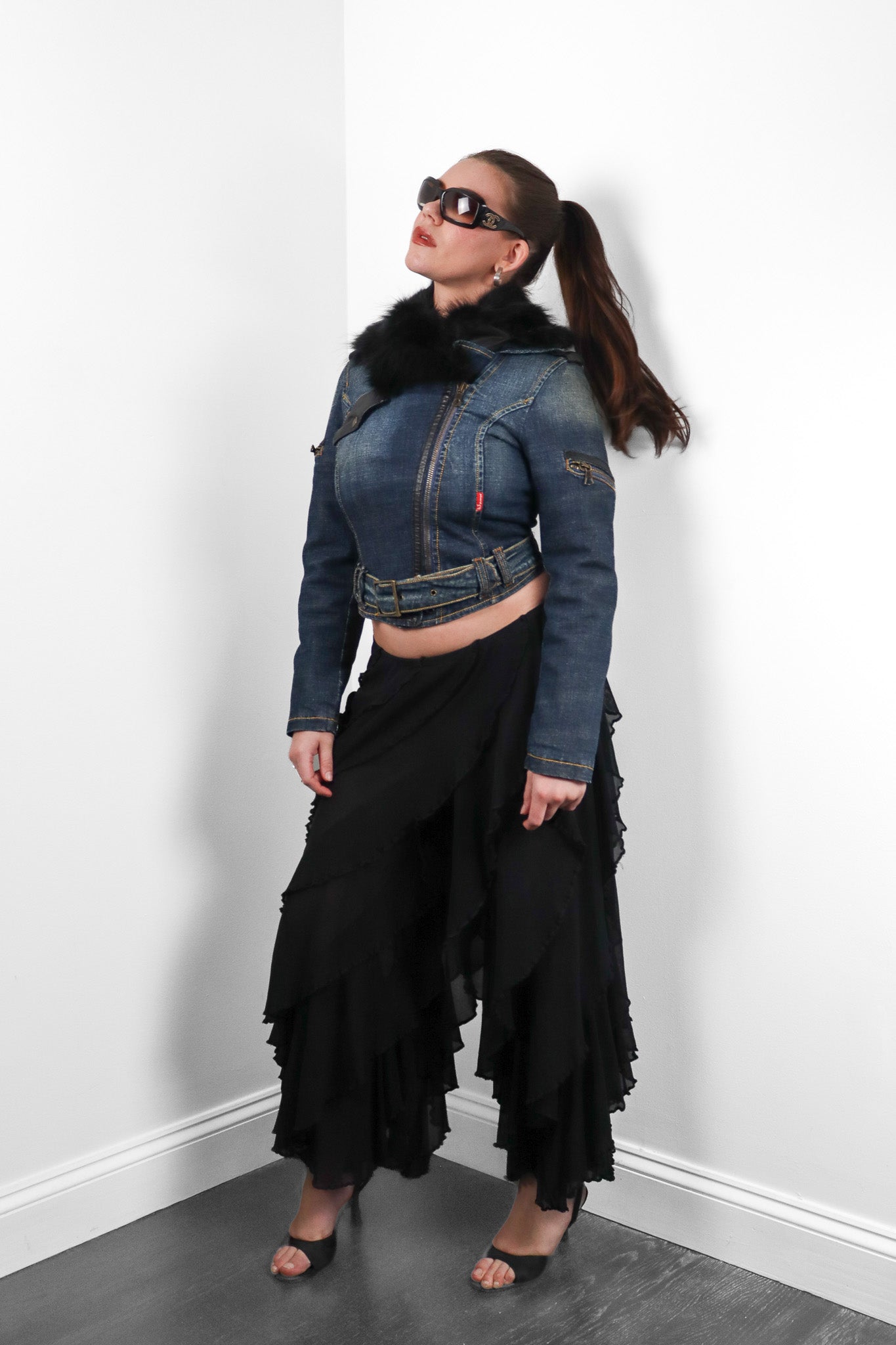 Phard 2000s Dark Denim Belted Moto Jacket with Detachable Fox Fur Collar - XS/S