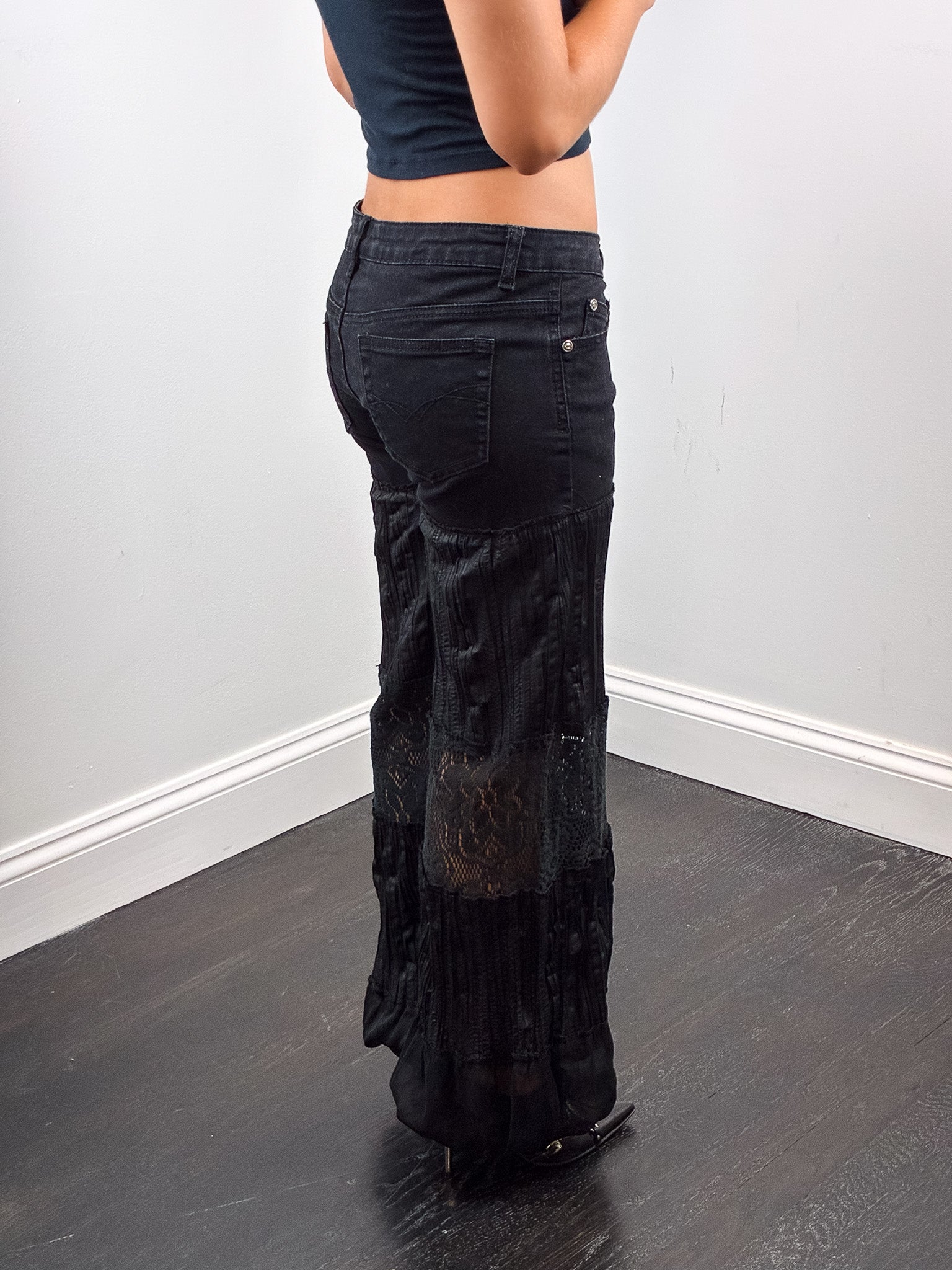 2000s Black Lace Panel Low Rise Wide Leg Pants - W25